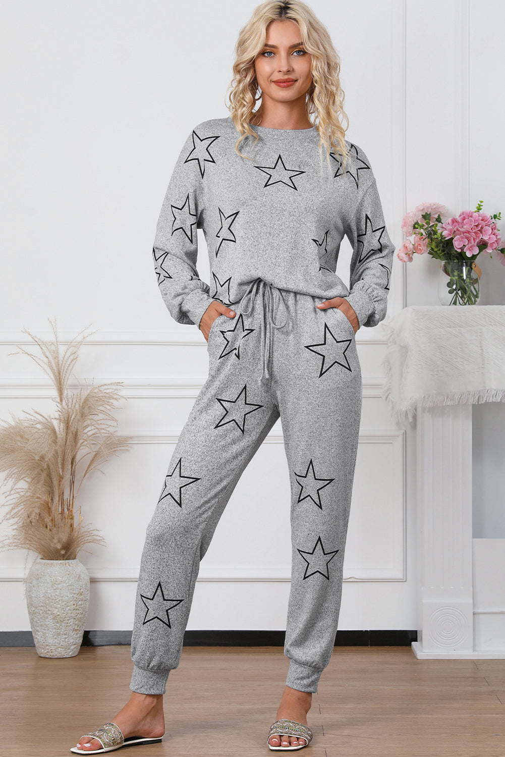 Grey Stars Print Long Sleeve Drawstring High Waist Lounge Set