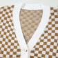 Brown Checkered Striped Patched Buttoned V Neck Cardigan