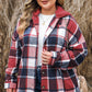 Red Printed Plus Size Plaid Button up Hooded Jacket