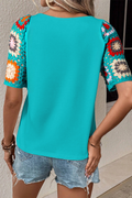 Turquoise Floral Crochet Short Sleeve Top - BB Fashion Outlet