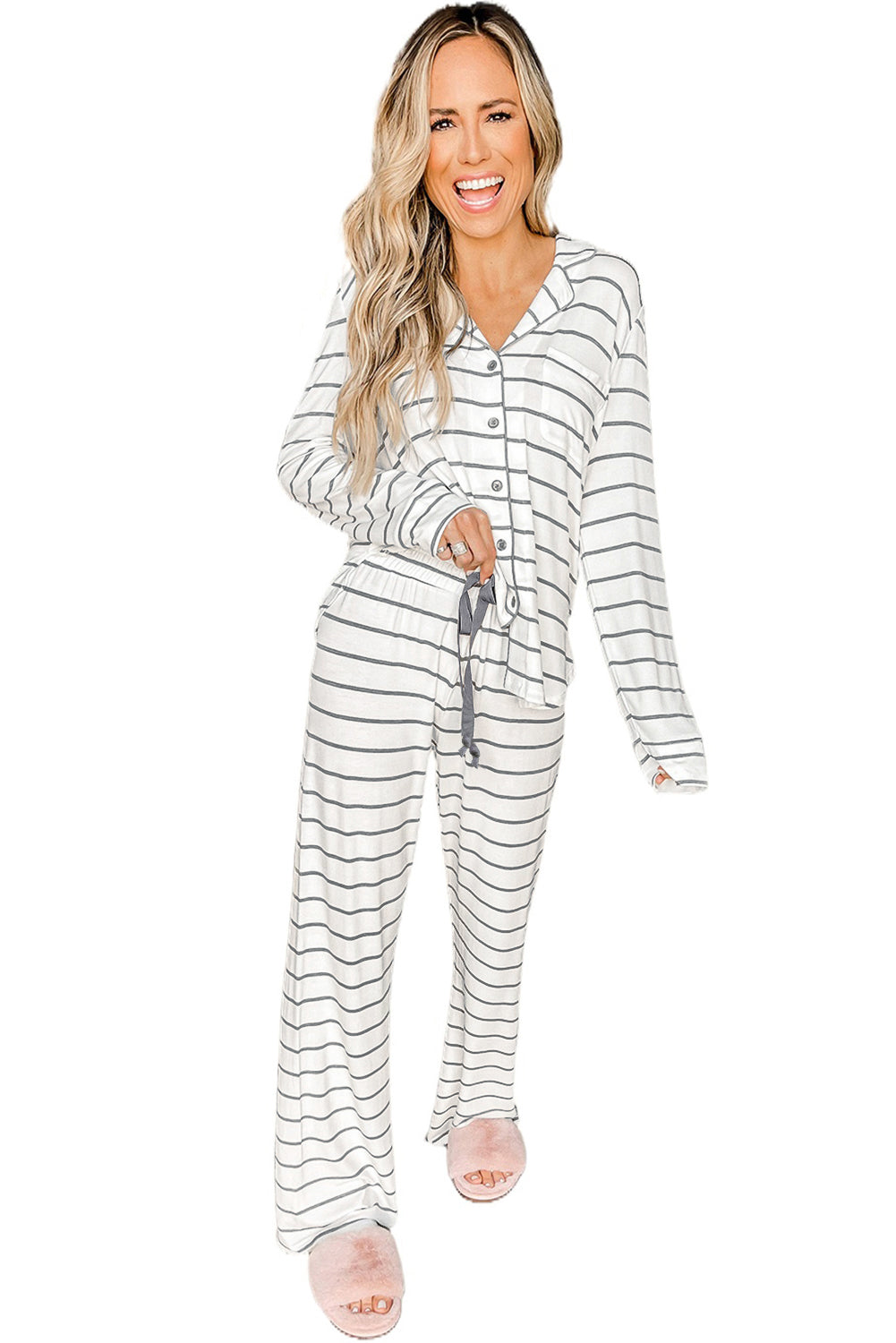 Striped Print Long Sleeve and Trousers Pyjamass Set