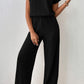 Black Solid Color Ribbed Short Sleeve Wide Leg Jumpsuit