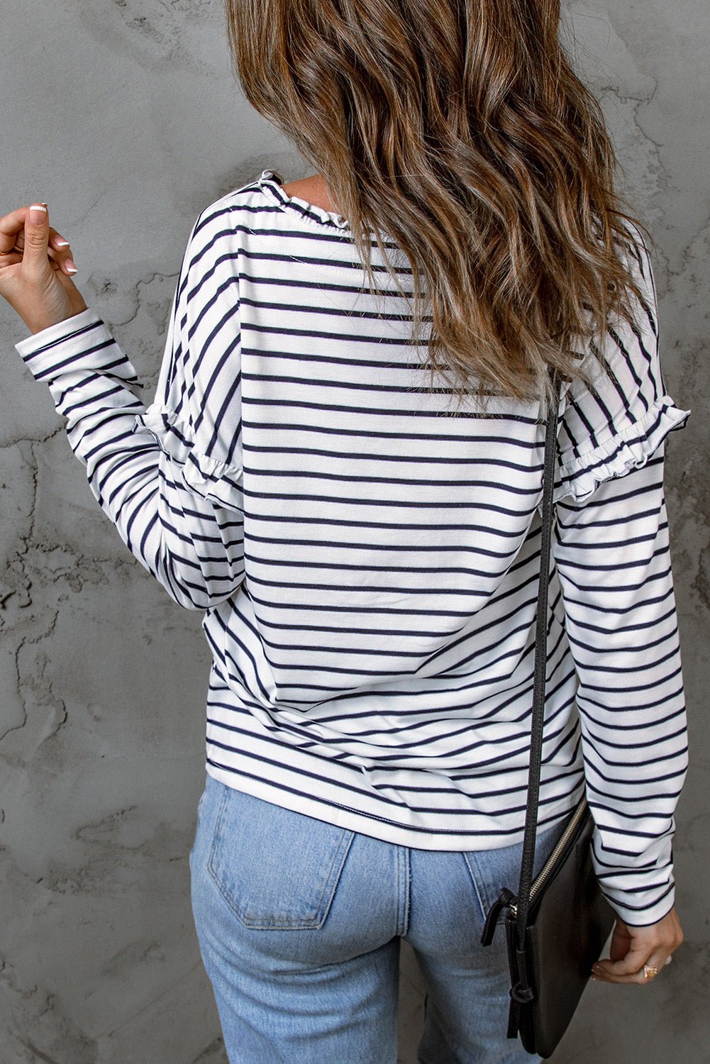 Black Striped Print Ruffled Buttoned Long Sleeve Top