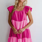 Pink Crinkled Colorblock Patchwork Flutter Tiered Mini Dress