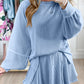 Sky Blue Corded Lantern Sleeve Top High Waist Ruffled Mini Skirt Set