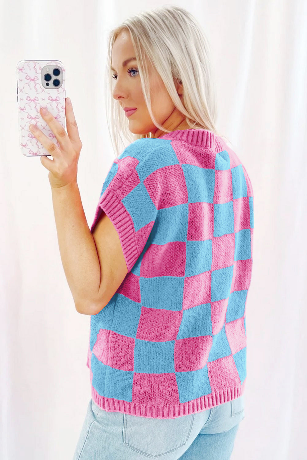 Sachet Pink Colourblock Plaid Pattern Ribbed Trim Sweater Tank Top