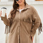 Khaki Fringe Trim Plus Size Suede Shacket