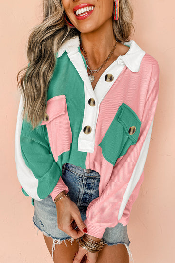 Pink Colourblock Ribbed Collared Oversized Sweatshirt