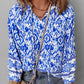 Blue Boho Printed 3/4 Sleeve Tied Neck Blouse