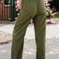 Green Drawstring Elastic Waist Pockets Long Straight Legs Pants