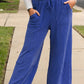 Sky Blue Corded Drawstring High Waist Pocket Plus Size Wide Leg Pants