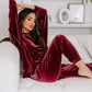 Fiery Red Solid Velvet Two Piece Lounge Set