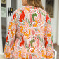 Orange Printed Floral Abstract Print Frilled V Neck Plus Size Blouse