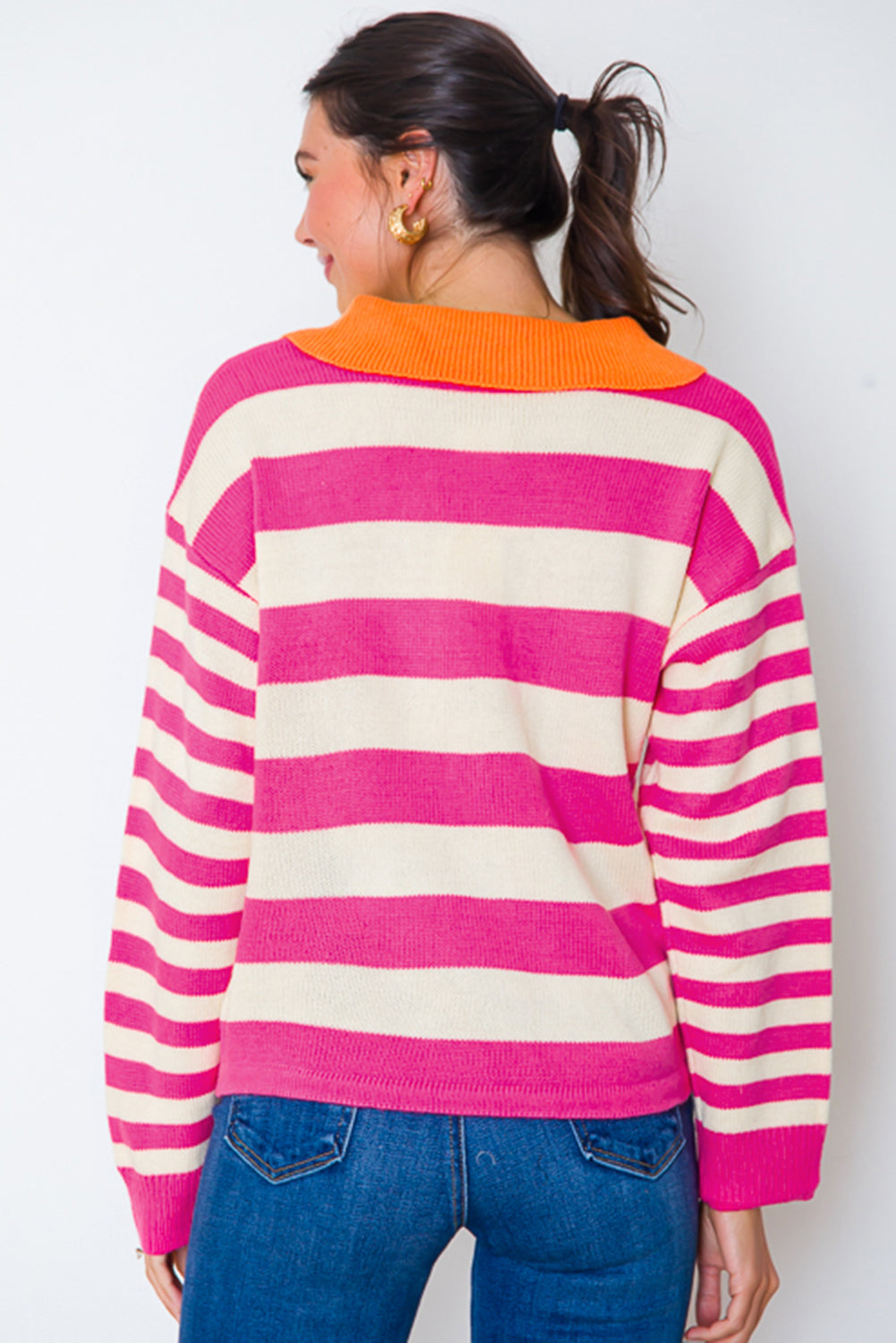 Rose Stripe Colour Block Collared V Neck Drop Shoulder Sweater