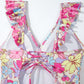 Pink Floral Ruffle Trim V Neck Lace-up Back Tummy Control One Piece Swimsuit