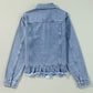 Beau Blue Ruffle Raw Hem Flap Pockets Denim Jacket