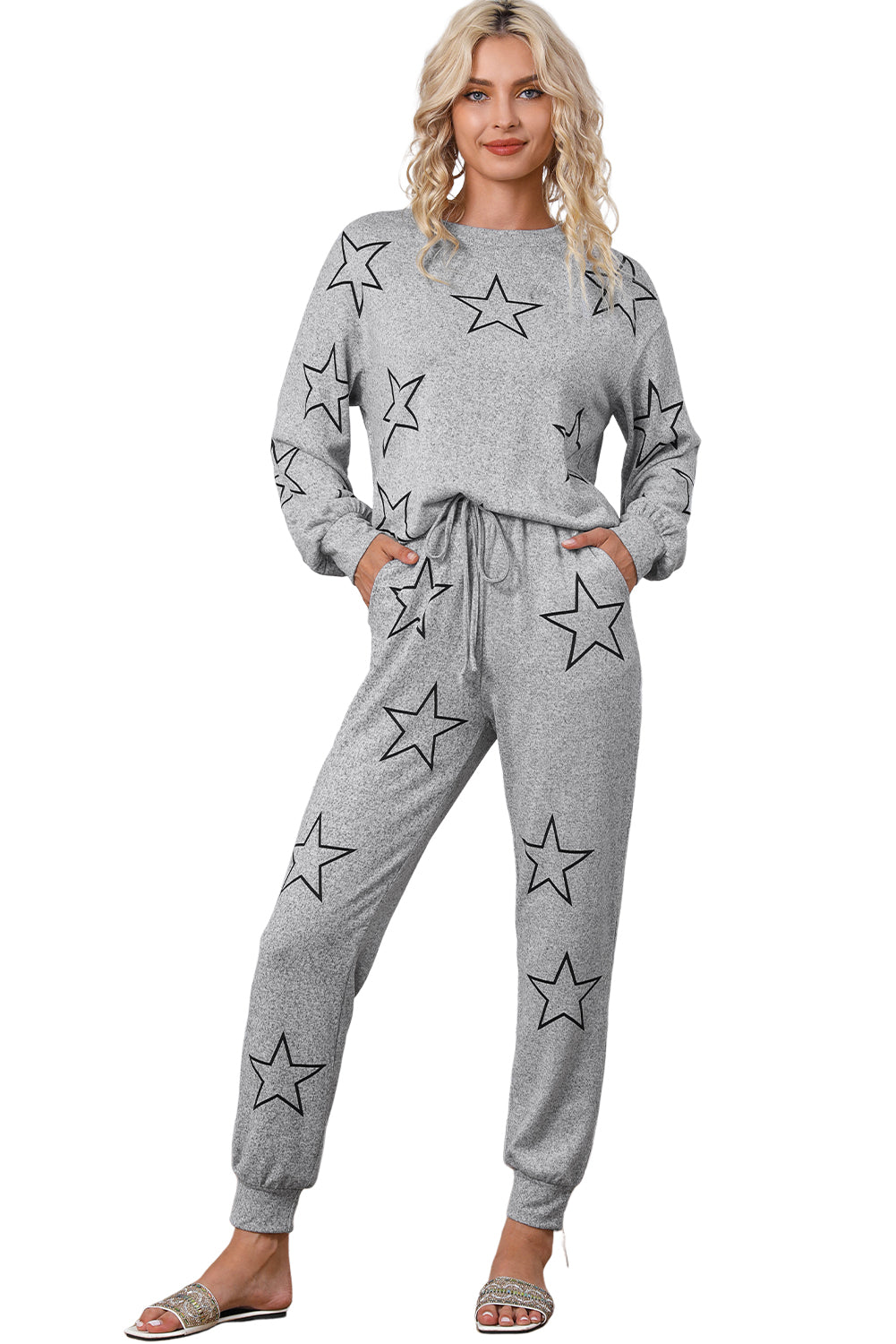 Grey Stars Print Long Sleeve Drawstring High Waist Lounge Set