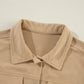 Light French Beige Solid Frilled Flap Pocket Button Up Corduroy Shacket