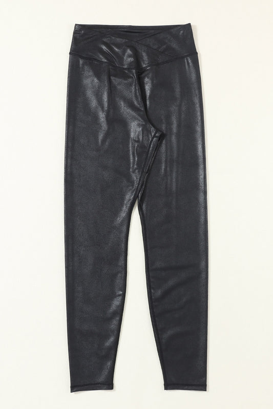 Black Crossed Dip Waist Sleek Leather Leggings