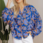 Blue Floral Print Batwing Sleeve Buttoned Loose Fit Shirt