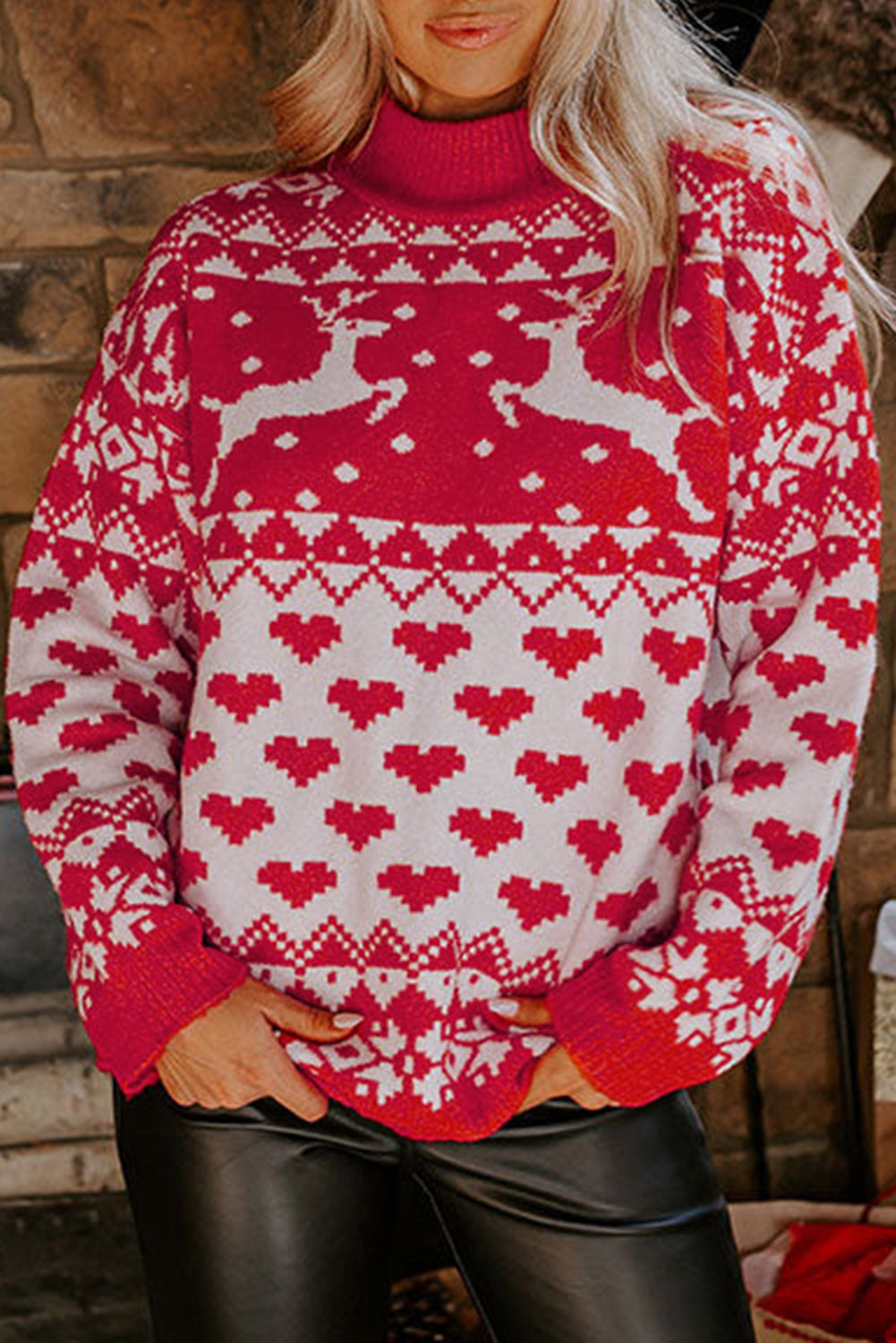 Fiery Red Merry Christmas Reindeer Heart Pattern High Neck Sweater