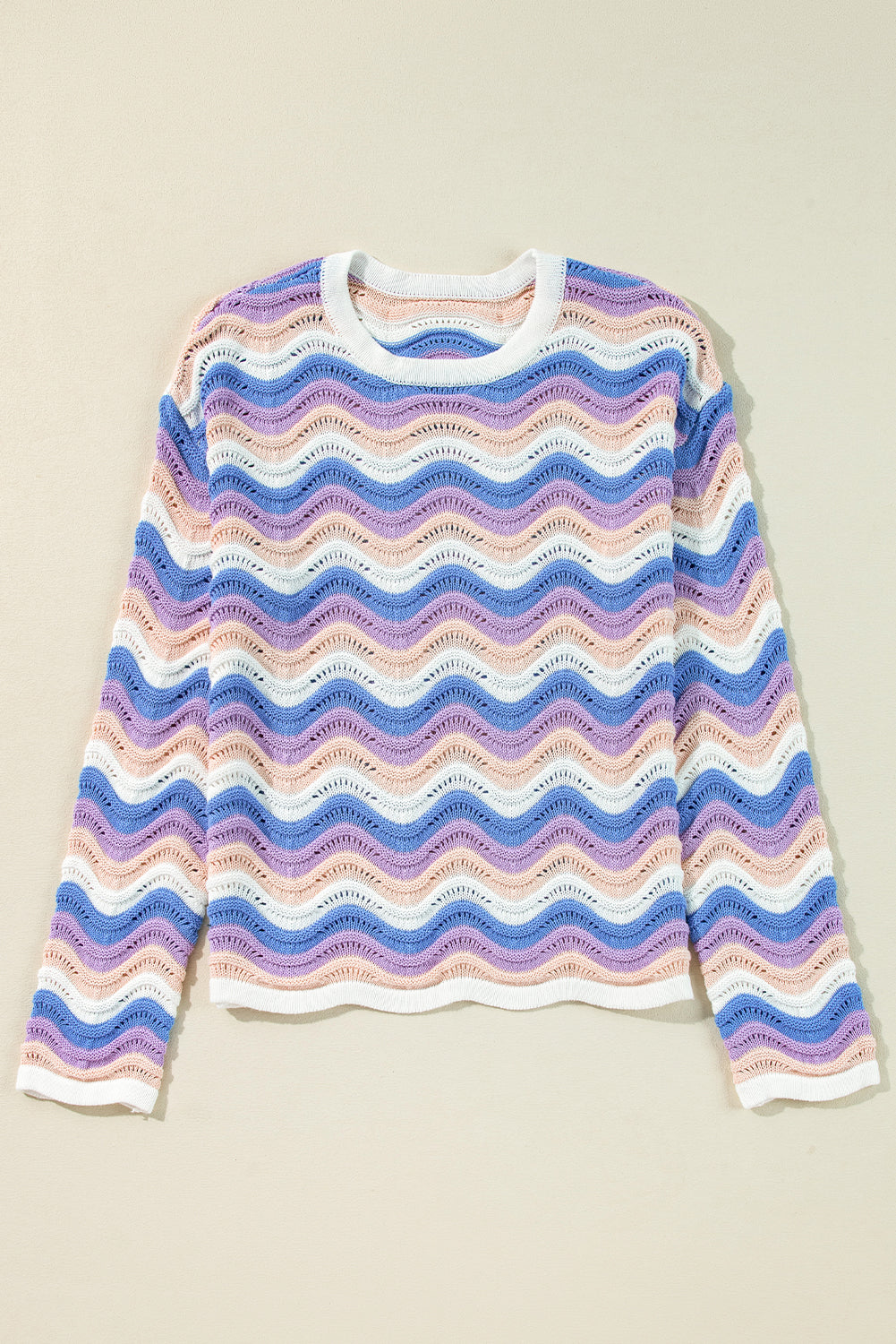 Purple Stripe Wavy Pointelle Knit Drop Shoulder Sweater