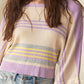 Purple Stripe Borderline Rib Knit Cuffed Dolman Sleeve Sweater