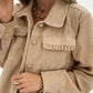 Light French Beige Solid Frilled Flap Pocket Button Up Corduroy Shacket