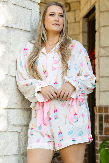 White Plus Size Wine Glass Print Bow Knot Pyjama Set