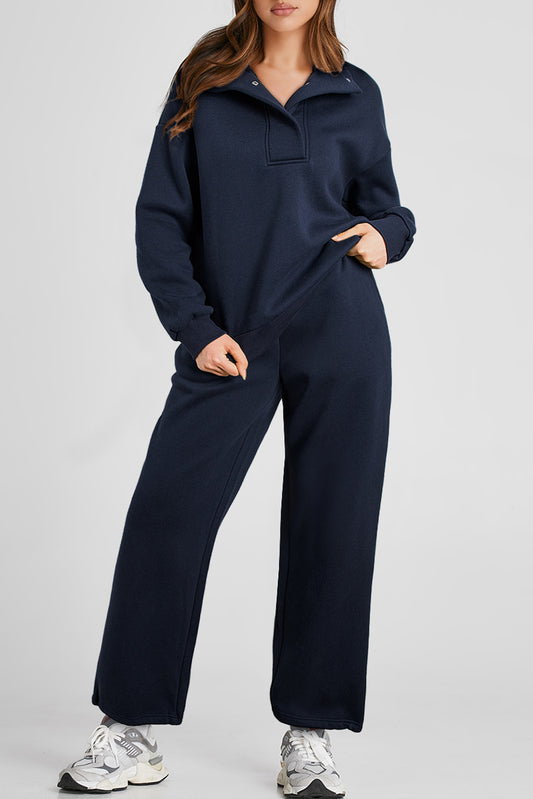 Navy Blue Solid Colour Collared Sweatshirt and High Waist Pants Set