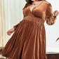 Camel Surplice V Neck Balloon Sleeve Velvet Dress