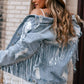 Sky Blue Sequin Embellished Fringe Distressed Denim Jacket