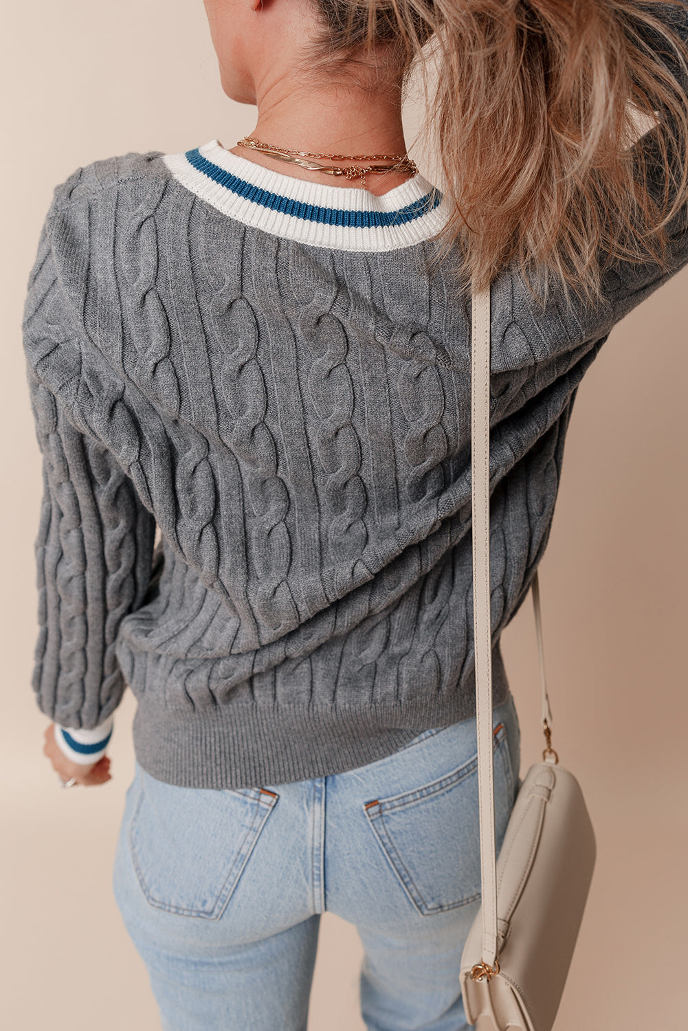 Medium Grey Colour Contrast Ribbed Edge Cable Knit V Neck Sweater