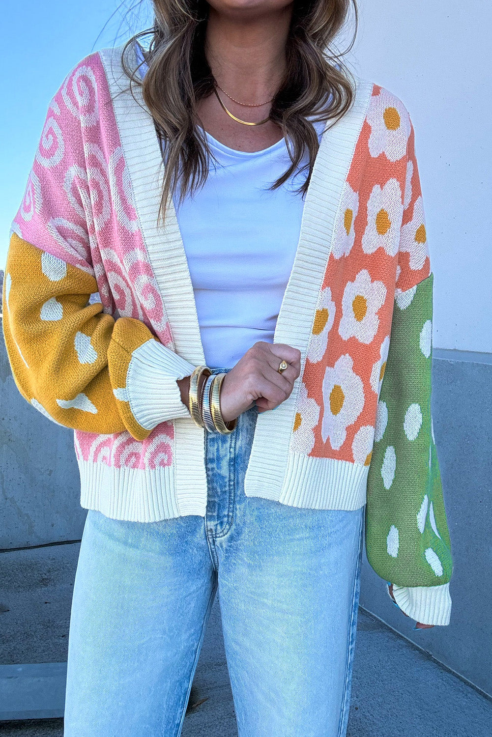 Orange Flower & Dotted Mixed Print Colourblock Open Front Cardigan