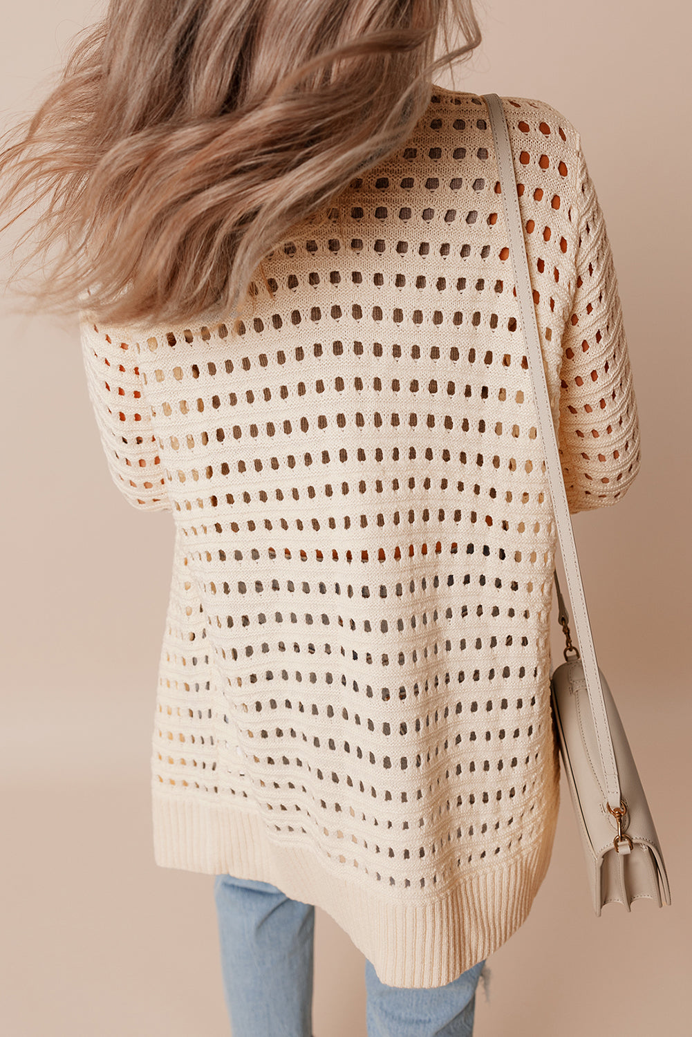 Apricot Solid Color Open Knit Duster Cardigan