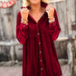 Fiery Red Long Sleeve Ruffle Velvet Button Up Dress