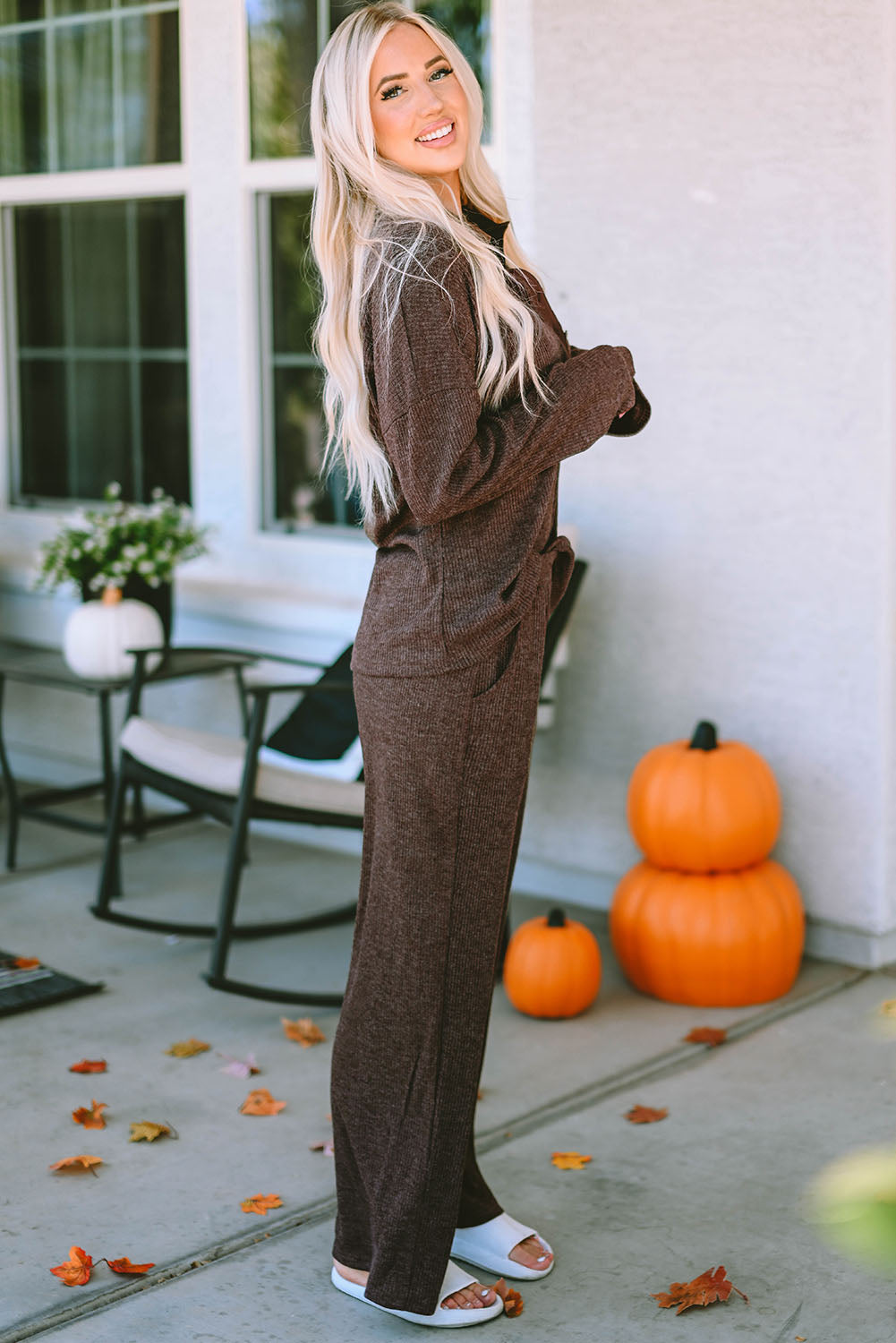 Green Ribbed Knit Collared Henley Top and Trousers Lounge Outfit