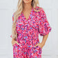 Pink Abstract Print Puff Sleeve V Neck High Waist Romper