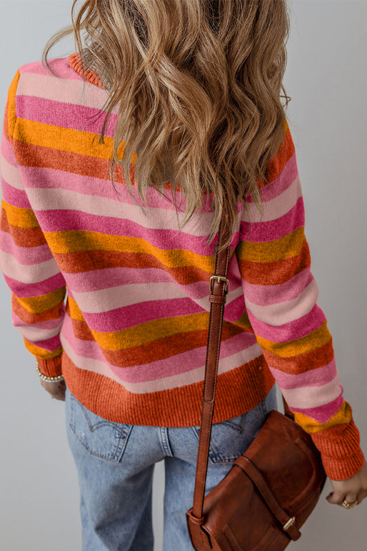 Orange Colour Block Ribbed Edge Round Neck Sweater