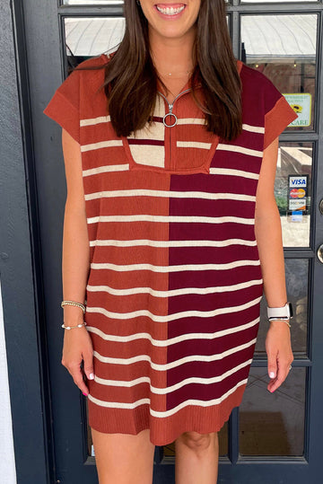 Brown Stripe Colour Block Quarter Zip Collar Short Sleeve Sweater Dress