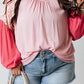 Pink Contrast Floral Patchwork Long Sleeve Plus Size Blouse