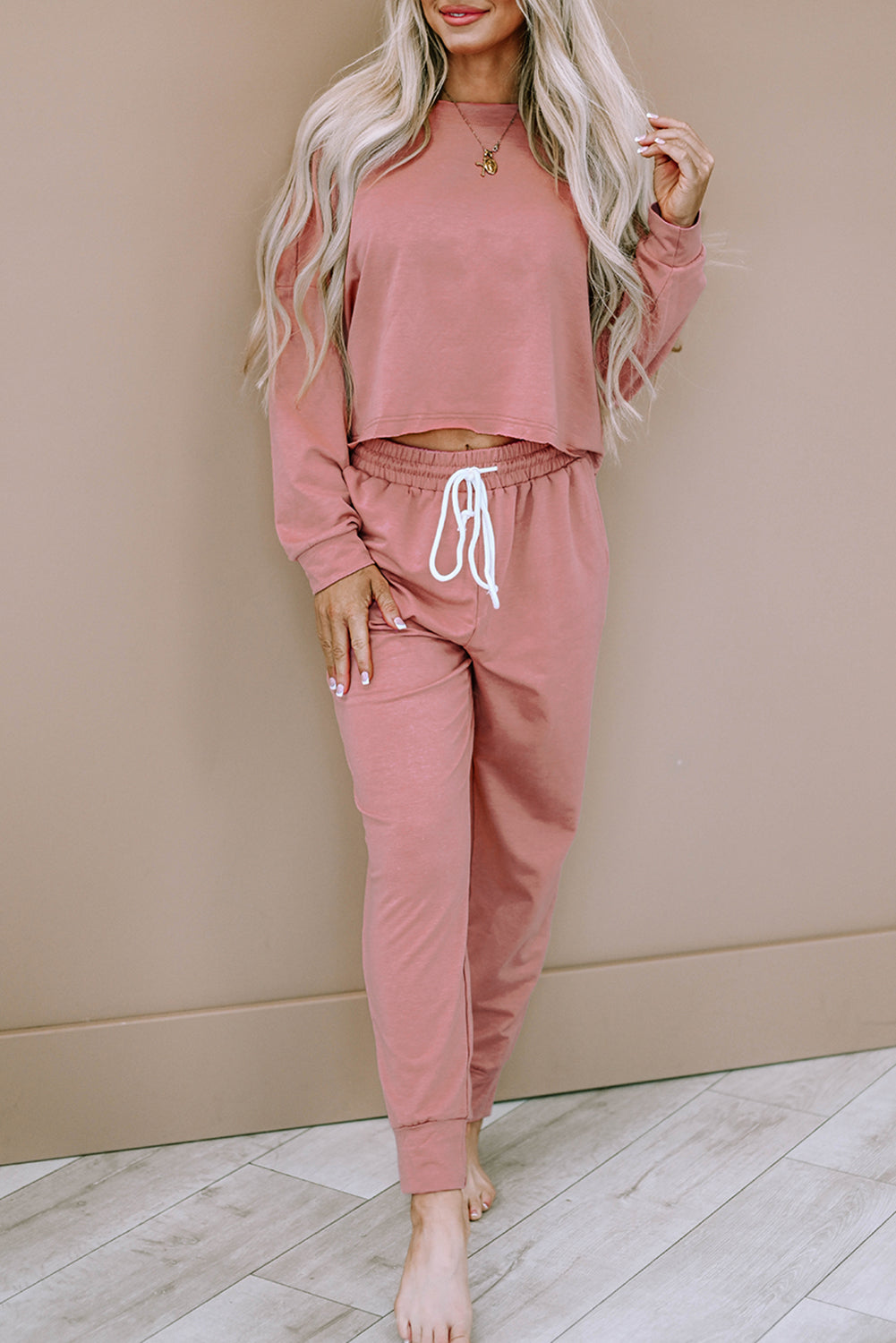 Pink Solid Sport Boxy Fit Pullover & Trousers Outfit