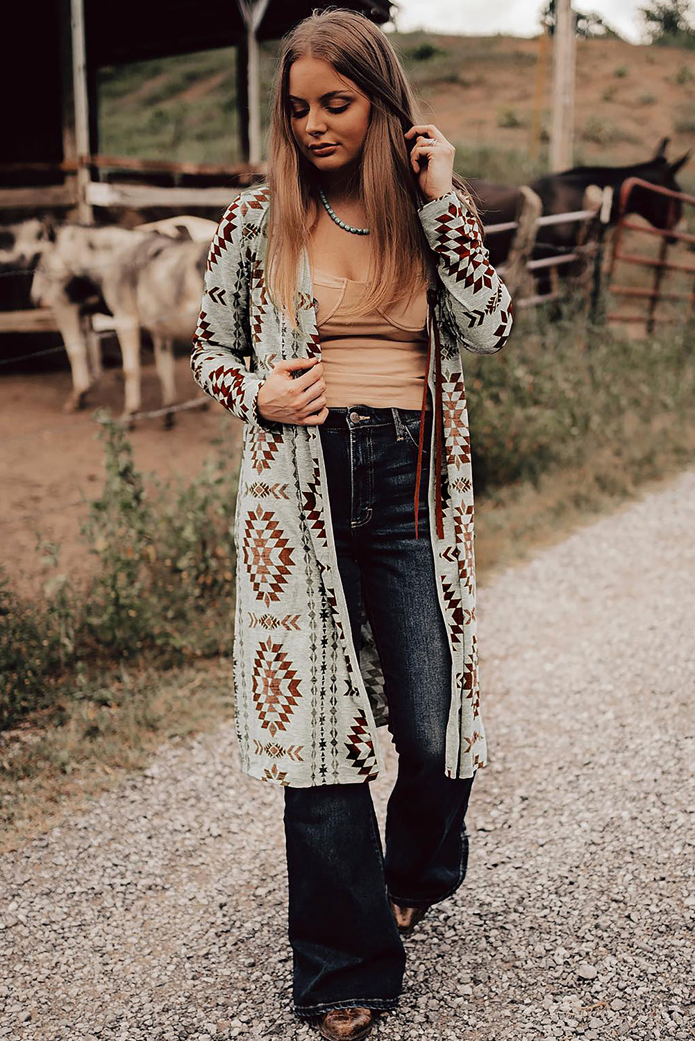 Brown Western Aztec Printed Open Front Long Cardigan