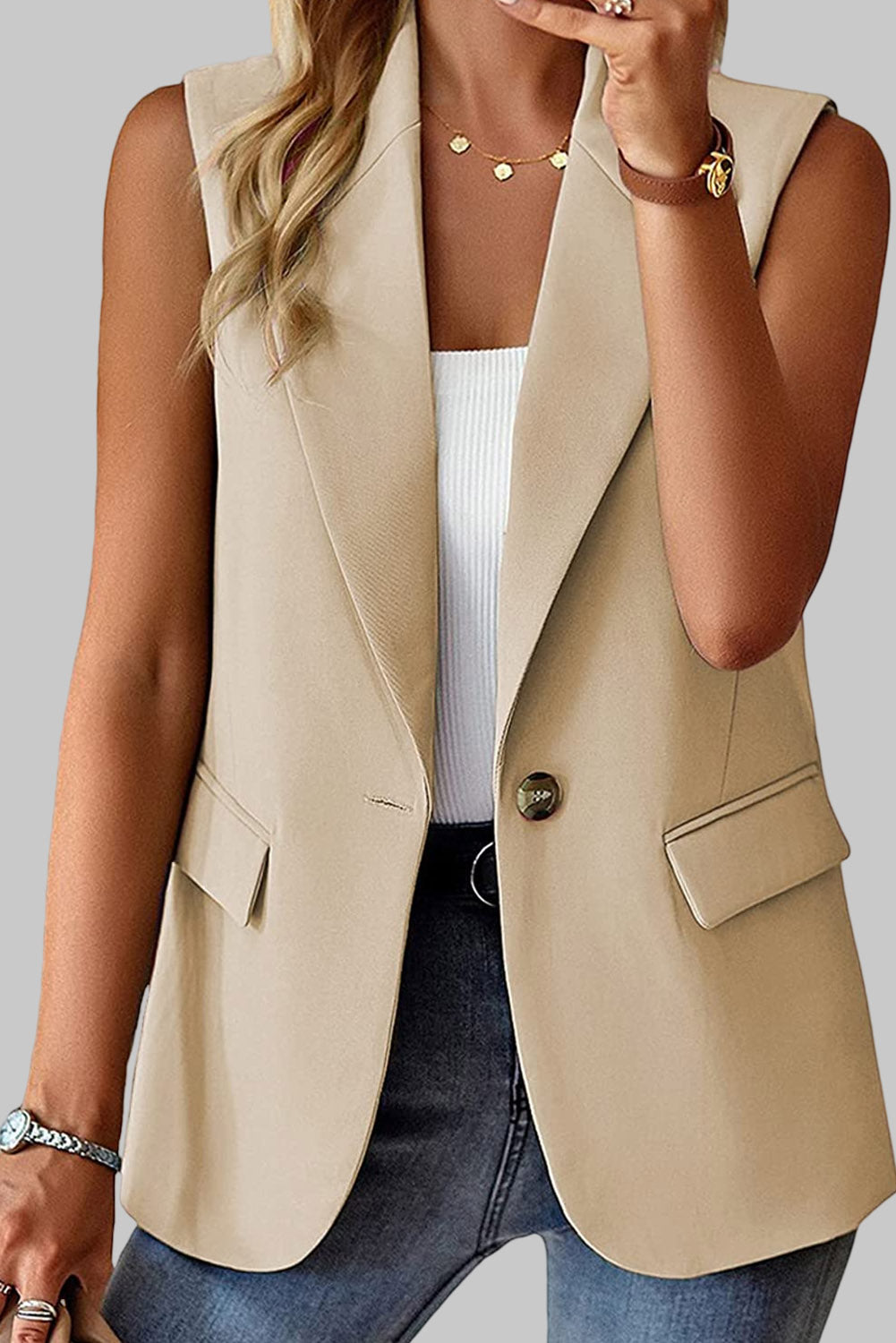 Apricot Single Button Pocketed Lapel Sleeveless Blazer