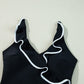 Black Color Contrast Ruffled Wrap V Neck Swimsuit