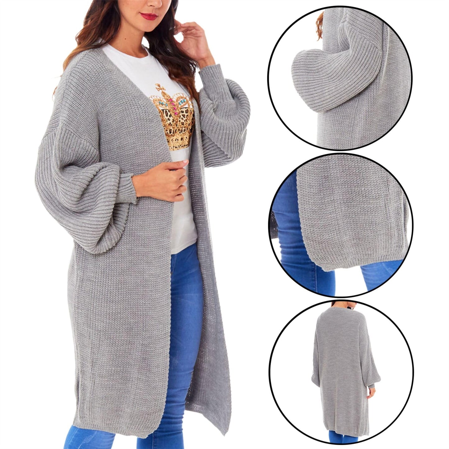 Oversized Long Cardigan Balloon Sleeve Chunky Rib Open Knit Pockets