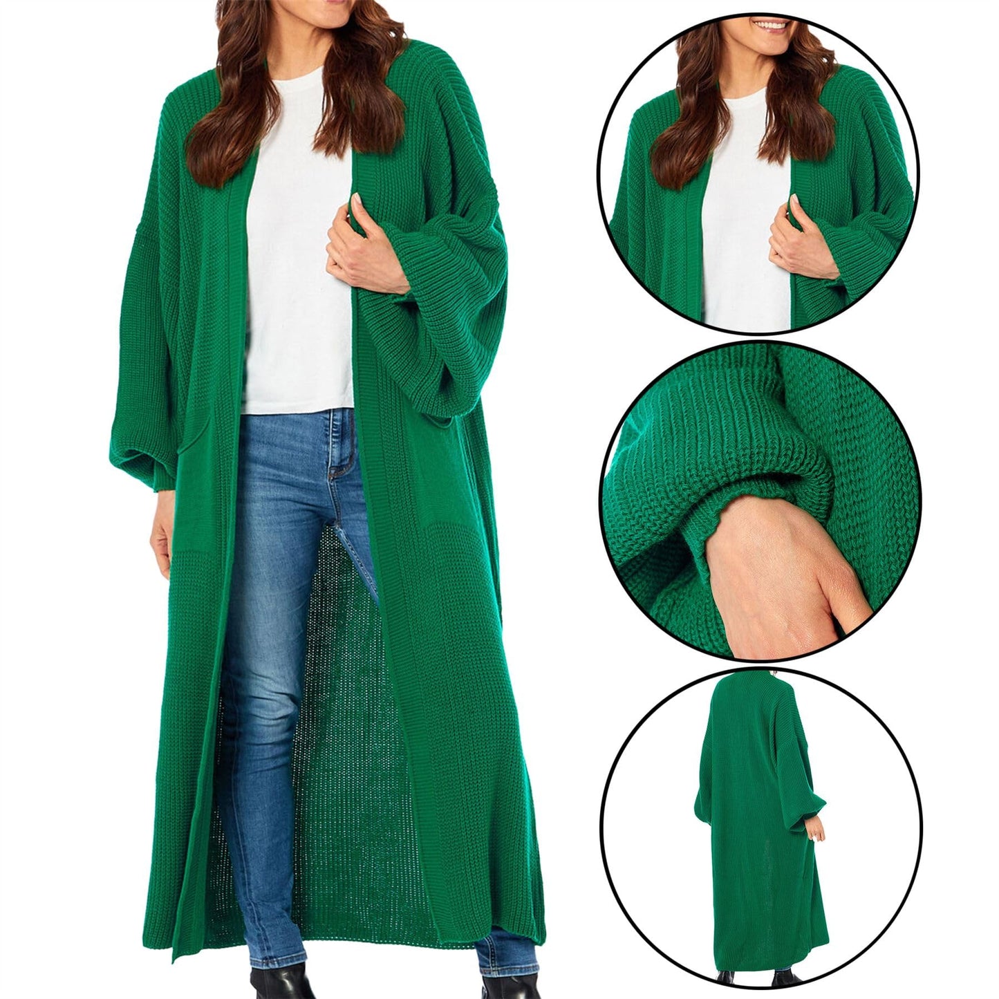 Oversized Long Cardigan Balloon Sleeve Chunky Rib Open Knit Pockets