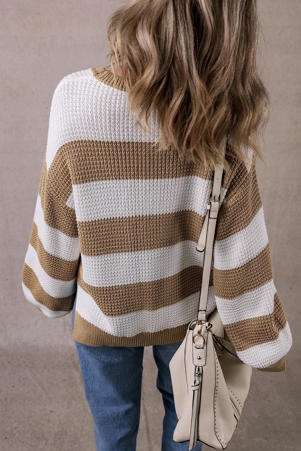 Light French Beige Colourblock Striped Drop Shoulder Side Slit Sweater