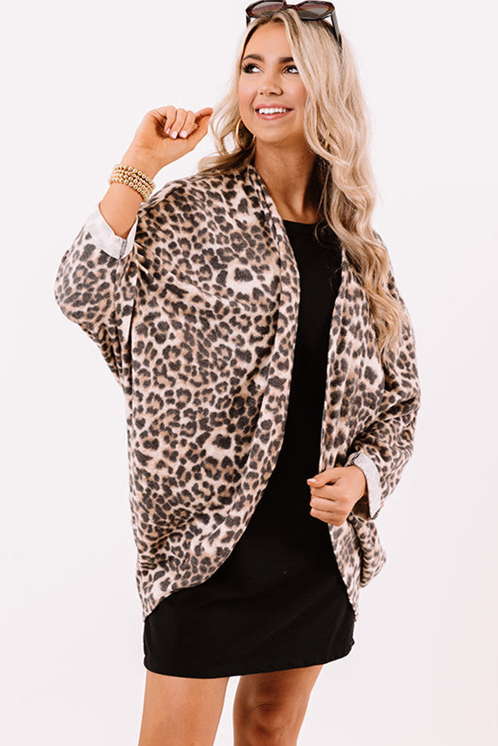 Khaki Leopard Print Batwing Sleeve Loose Tunic Cardigan