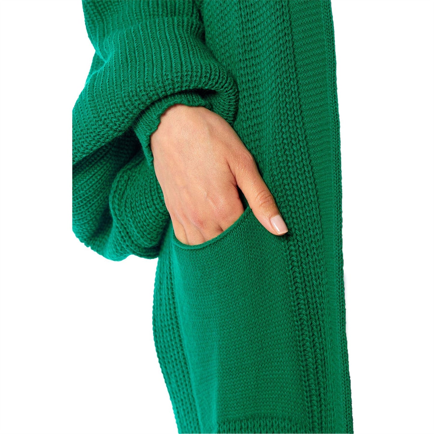 Oversized Long Cardigan Balloon Sleeve Chunky Rib Open Knit Pockets